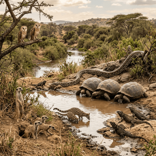 Meerkats, owls, mongooses, tortoises, a python, and iguanas around a watering hole in the savannah
