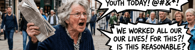 Elderly woman shouting and holding a newspaper with speech bubbles expressing frustration about post office closure, expensive costs, council uselessness