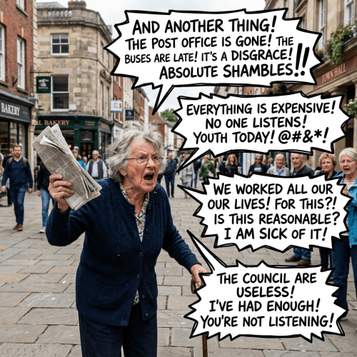 Elderly woman shouting and holding a newspaper with speech bubbles expressing frustration about post office closure, expensive costs, council uselessness
