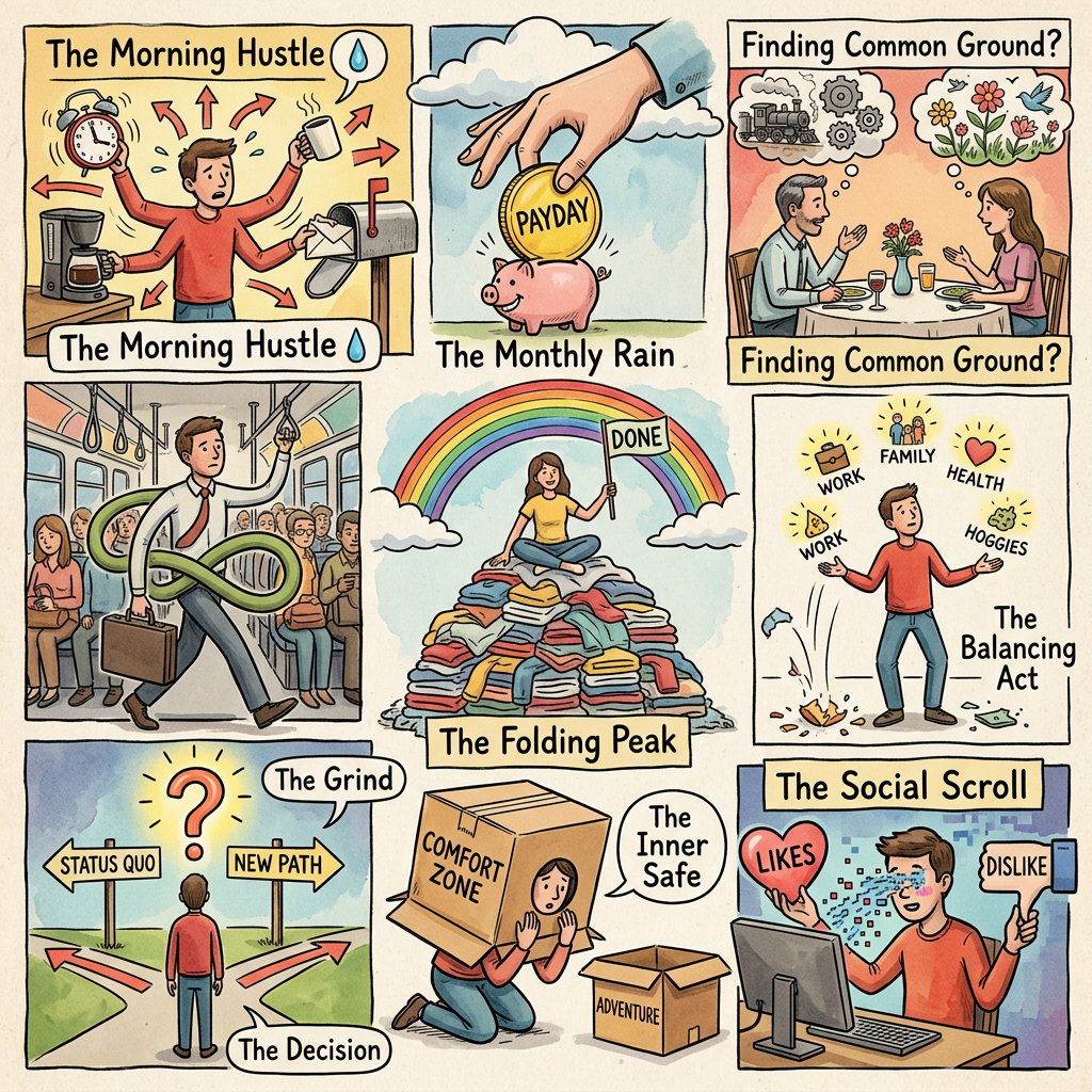Comic-style illustrations depicting daily life challenges including morning hustle, payday, work commute, folding laundry, balancing work and family, decision making, comfort zone, and social media interactions.