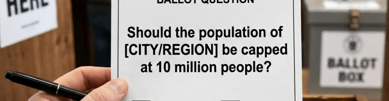 Referendum ballot asking if population of city or region should be capped at 10 million, with 'Yes' box checked