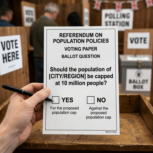 Referendum ballot asking if population of city or region should be capped at 10 million, with 'Yes' box checked
