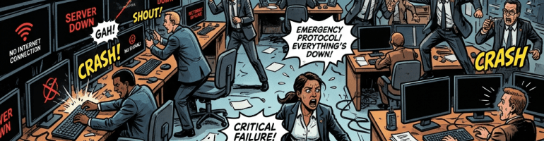 Operations center staff react in panic to internet and server outages with multiple warning screens