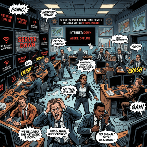 Operations center staff react in panic to internet and server outages with multiple warning screens