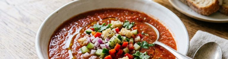 Bowl of gazpacho with diced cucumber, red bell pepper, red onion, croutons, and herbs