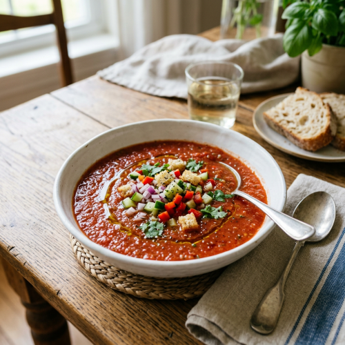 Bowl of gazpacho with diced cucumber, red bell pepper, red onion, croutons, and herbs