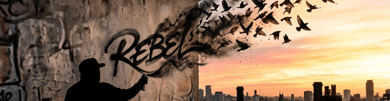 Silhouette of a person spray painting graffiti 'REBEL' that turns into flying birds at sunset