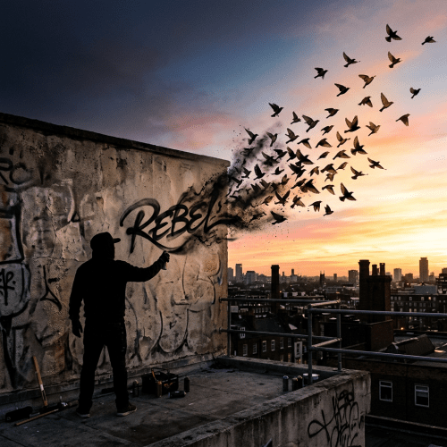 Silhouette of a person spray painting graffiti 'REBEL' that turns into flying birds at sunset