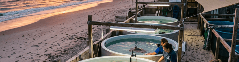 Volunteers tending to sea turtles in circular pools at a beach rescue center at sunrise