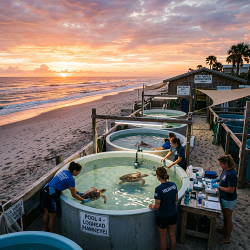 Volunteers tending to sea turtles in circular pools at a beach rescue center at sunrise