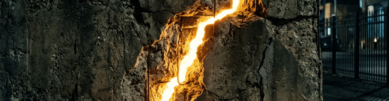 Crack in concrete wall glowing with bright orange light at night