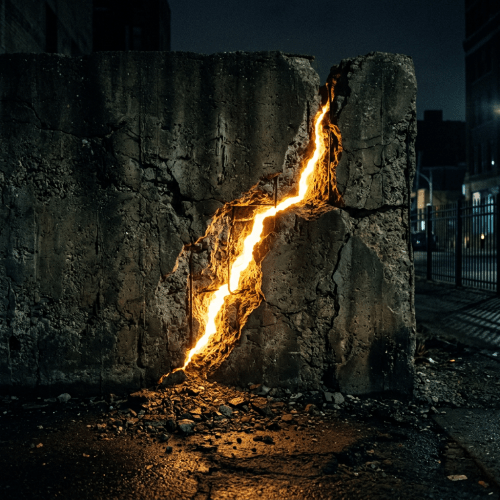 Crack in concrete wall glowing with bright orange light at night