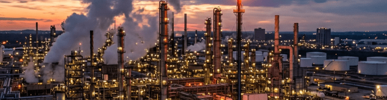 Oil refinery with chimneys emitting smoke and a gas flare burning bright at dusk by the water