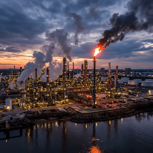 Oil refinery with chimneys emitting smoke and a gas flare burning bright at dusk by the water