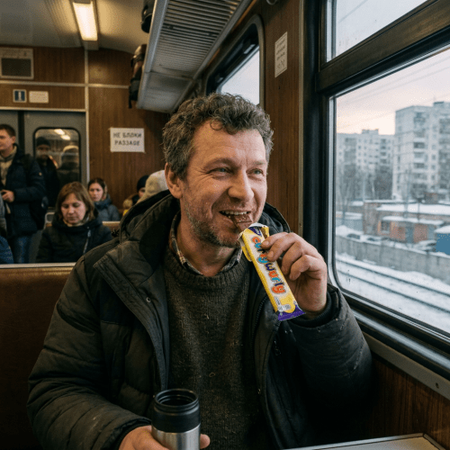Man eating chocolate bar and holding thermos on train seat by window showing snowy urban landscape