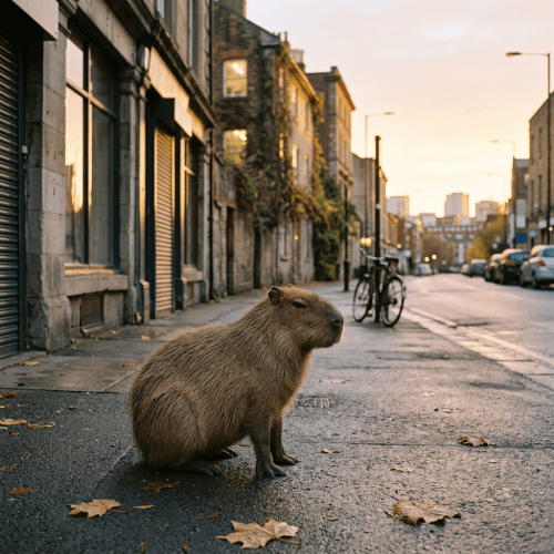 Capybara sitting on a wet city street with fallen leaves and bicycle in background