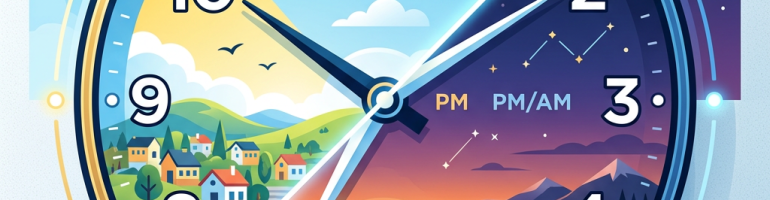 Illustrated clock showing daylight and twilight with a sun and moon background