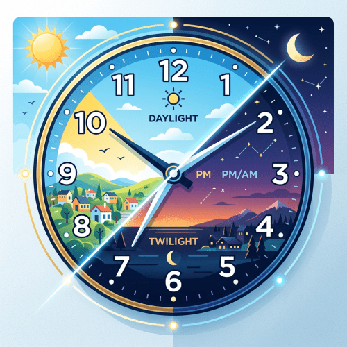 Illustrated clock showing daylight and twilight with a sun and moon background