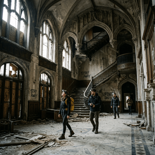 Four people walking inside a dilapidated gothic-style building with broken windows and graffiti saying 'STAY AWAY' and 'URBE 2023'