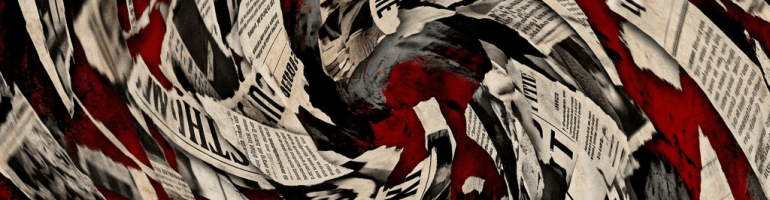Swirling torn newspaper clippings against a red and black background