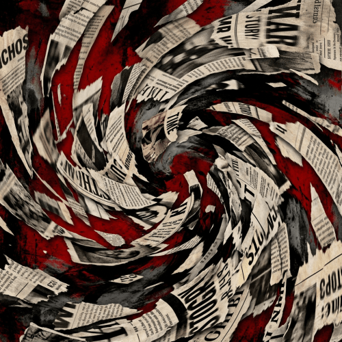 Swirling torn newspaper clippings against a red and black background