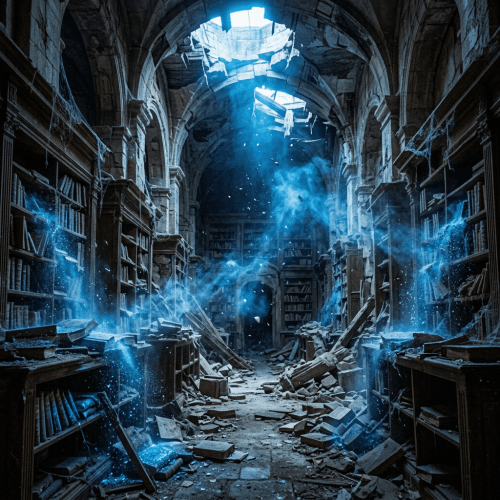 Ruined ancient library interior with collapsed ceiling and blue magical light