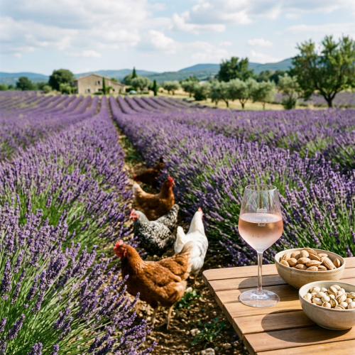 Chickens walking between lavender rows with glass of rosé wine and bowls of nuts on table
