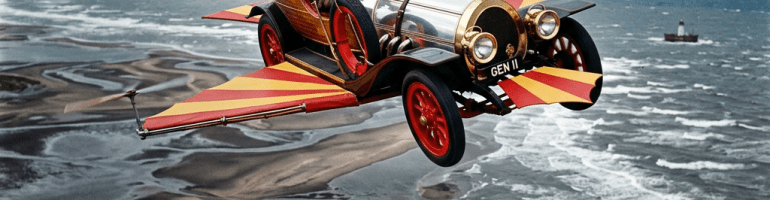A vintage car with red and yellow wings flying over a beach with four people inside, smiling and waving.