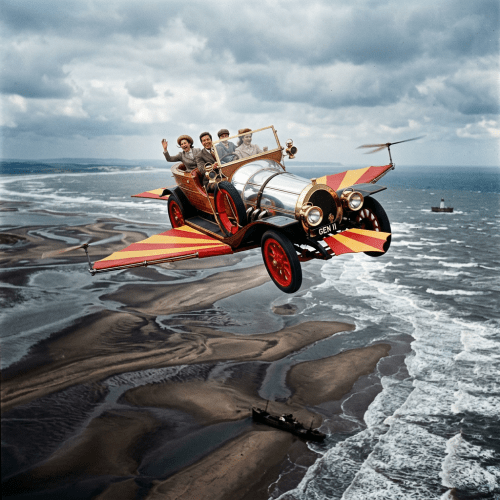 A vintage car with red and yellow wings flying over a beach with four people inside, smiling and waving.