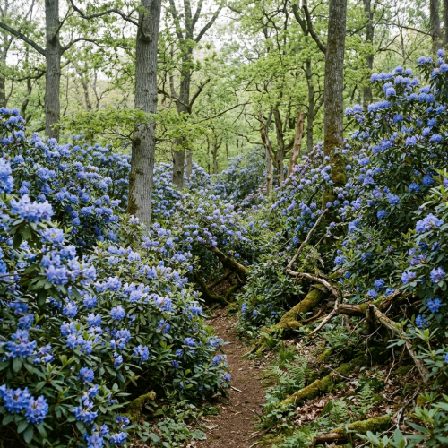 Forest path surrounded by dense purple-blue rhododendron bushes and tall trees