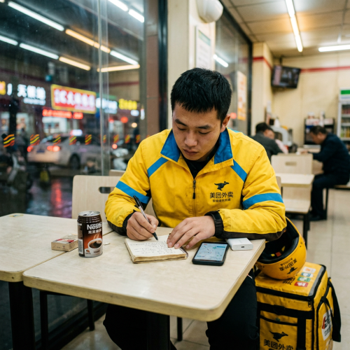 Delivery worker in yellow uniform writing in a notebook at a café table