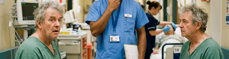 Nurse standing between two male patients sitting on hospital beds, the nurse appears thoughtful holding a clipboard