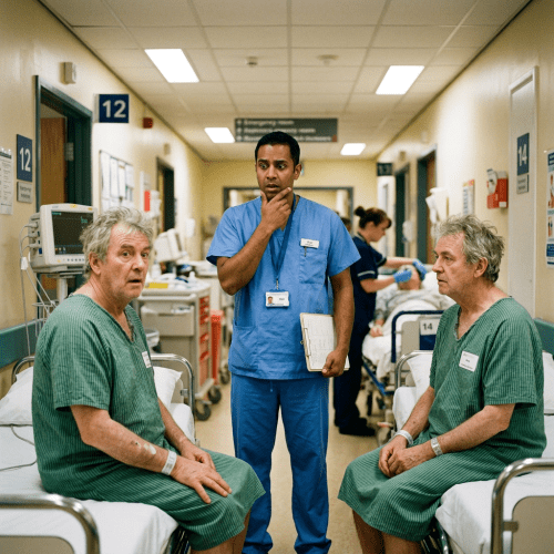 Nurse standing between two male patients sitting on hospital beds, the nurse appears thoughtful holding a clipboard