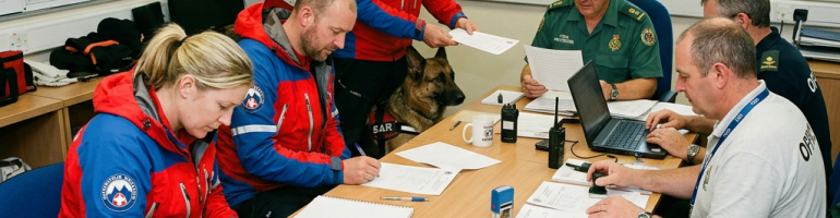 Search and rescue team members in uniforms sitting around a table with documents, laptops, radios, and rescue dogs in a briefing room.