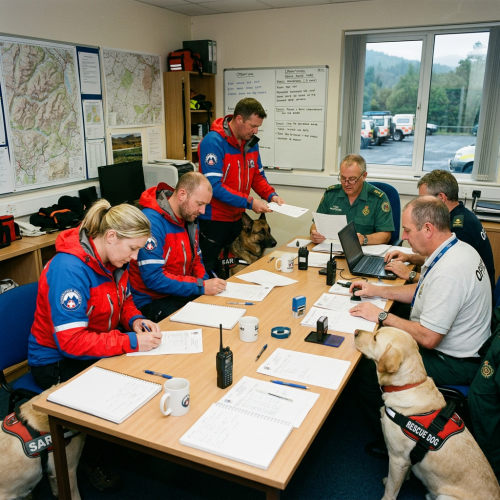 Search and rescue team members in uniforms sitting around a table with documents, laptops, radios, and rescue dogs in a briefing room.