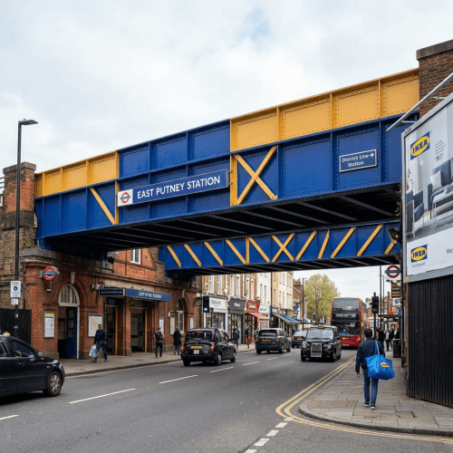 Railway bridge painted blue and yellow with East Putney Station sign over a busy London street