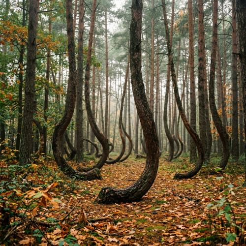 Forest with pine trees that have curved lower trunks forming looped shapes