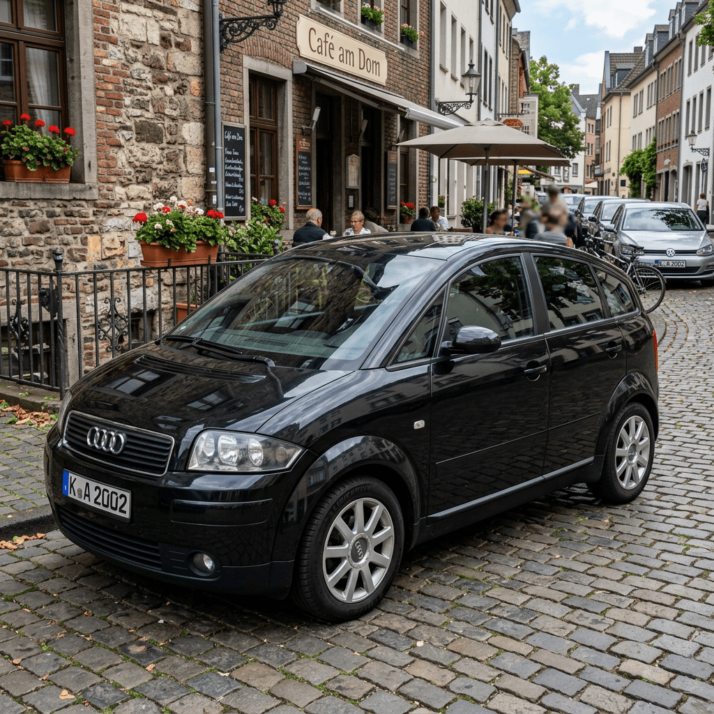Black Audi A2 parked on cobblestone street next to Café am Dom