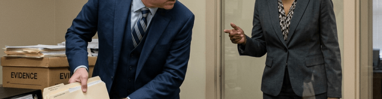 Two lawyers organizing evidence folders in an office with labeled boxes