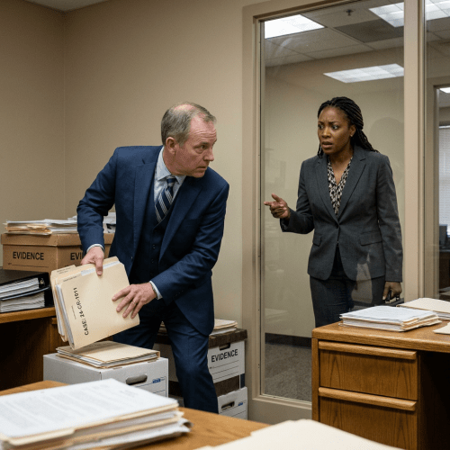 Two lawyers organizing evidence folders in an office with labeled boxes