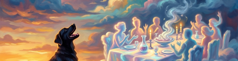 A black dog stands on clouds looking at a glowing cloud dinner party with ghostly figures and candlelight.