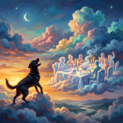 A black dog stands on clouds looking at a glowing cloud dinner party with ghostly figures and candlelight.