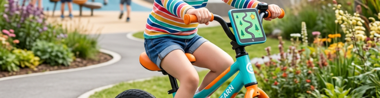 Child wearing helmet riding a blue and orange training bike with training wheels in a park