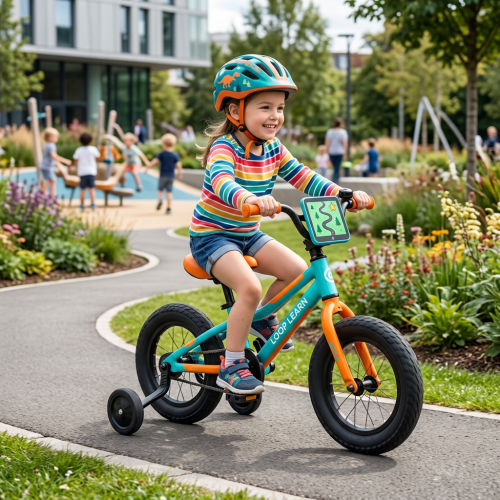 Child wearing helmet riding a blue and orange training bike with training wheels in a park