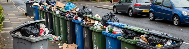 Overflowing trash bins with black bags and scattered garbage on suburban sidewalk.