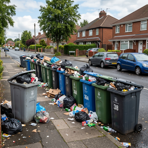 Overflowing trash bins with black bags and scattered garbage on suburban sidewalk.
