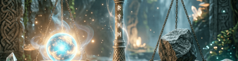 A mystical balance scale weighing a luminous orb against a large rock in a glowing cave