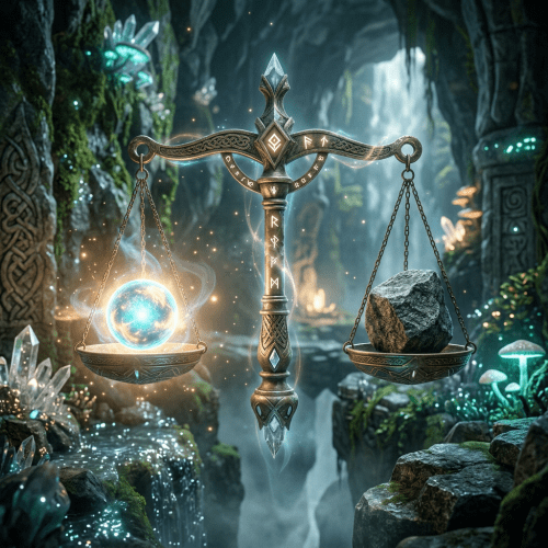 A mystical balance scale weighing a luminous orb against a large rock in a glowing cave