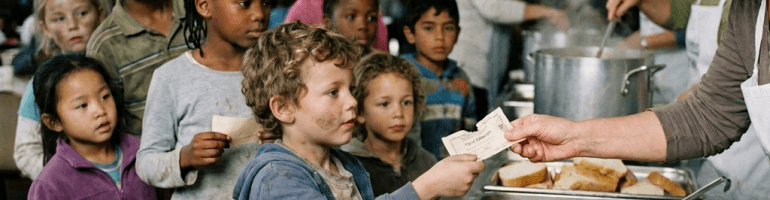 Children standing in line receiving food with tokens at a community kitchen.