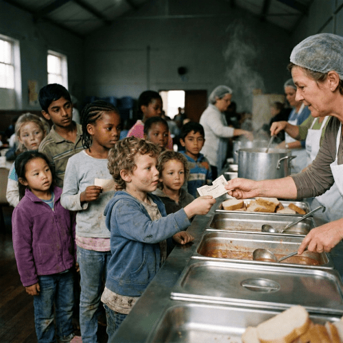 Children standing in line receiving food with tokens at a community kitchen.